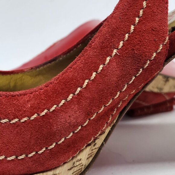 Laura Ferri Women's Red Coral Leather Slingback Sandal W/Corked Heel Size 38 - Picture 7 of 9